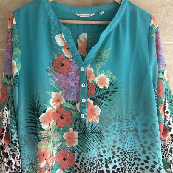 Soft Surroundings Tunic Top Women Small Blue Floral Leopard Print Tropical Sheer - Picture 5 of 10